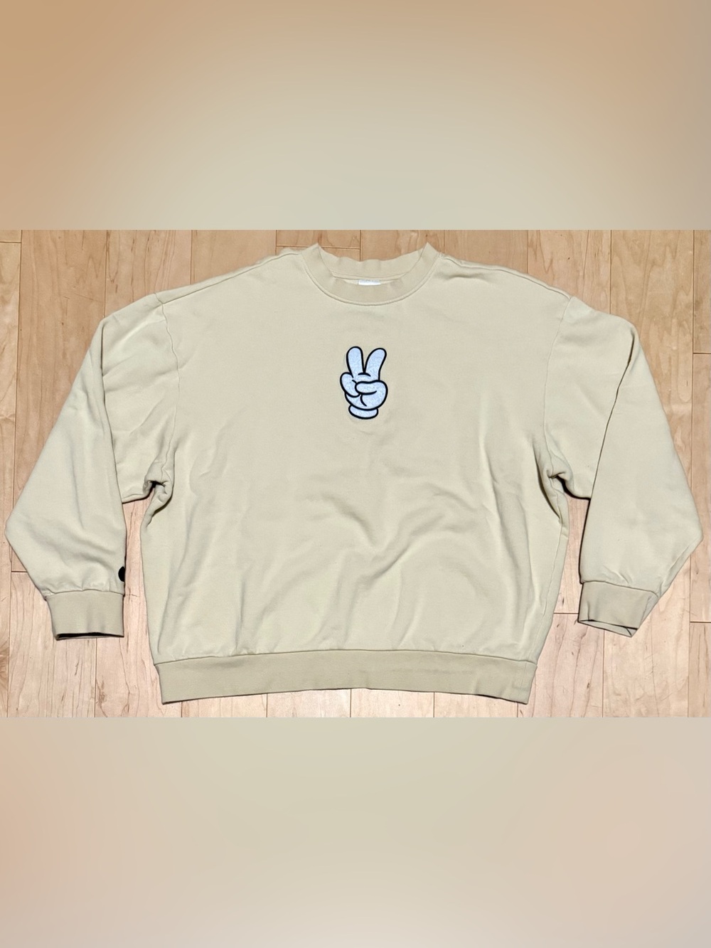 Disney Mickey Mouse Peace Sign Crewneck Sweatshirt Pullover Embroidered Beige XL